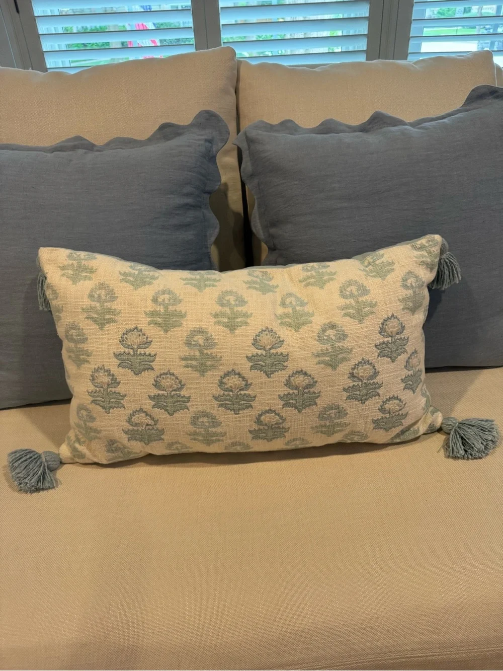 Embroidered Floral Lumbar Pillow with Tassels - Pale Blue & White
